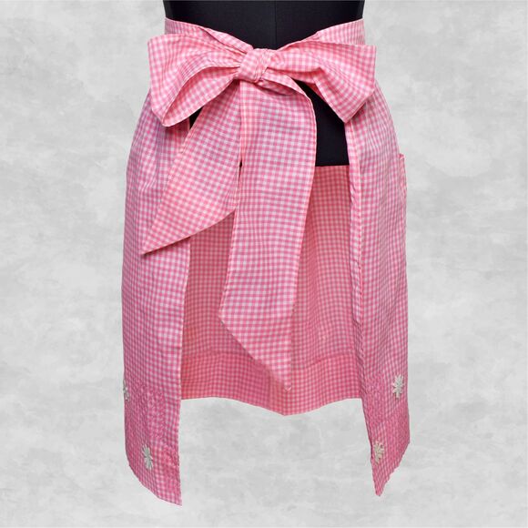 Vintage Pink Gingham Apron Hand Smocked Embroidered Daisies Pocket Mid-Length - Picture 7 of 7